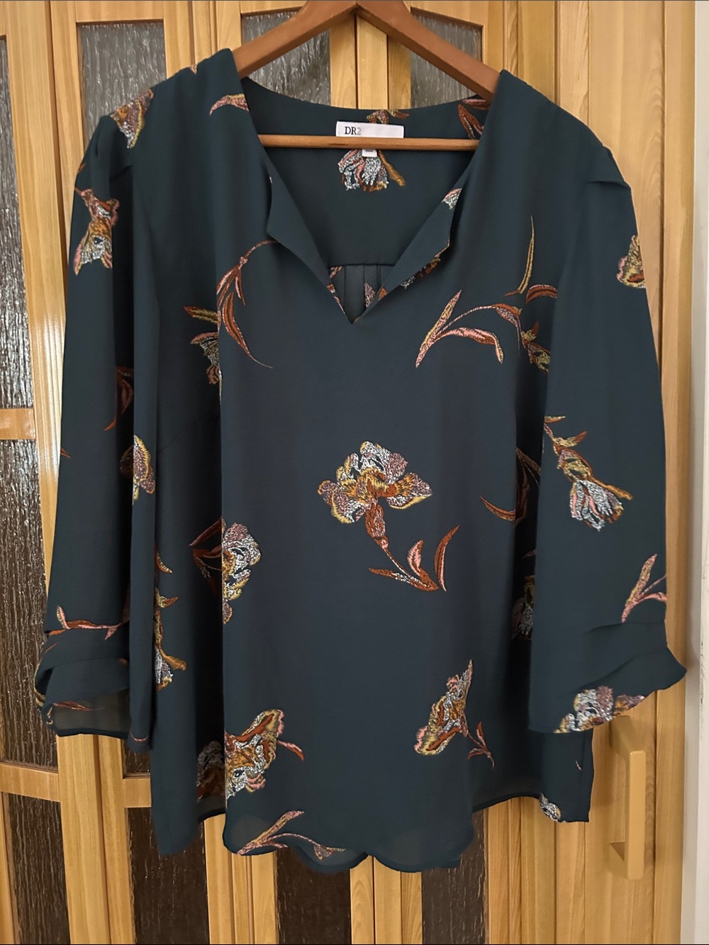 DR2 Teal Floral V-Neck Blouse with Bronze & Cream Accents